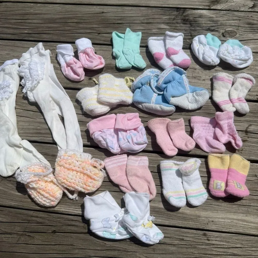 Vintage Baby Socks & Booties Bundle 17 Pieces Newborn 0-6 Months Mixed Lot
